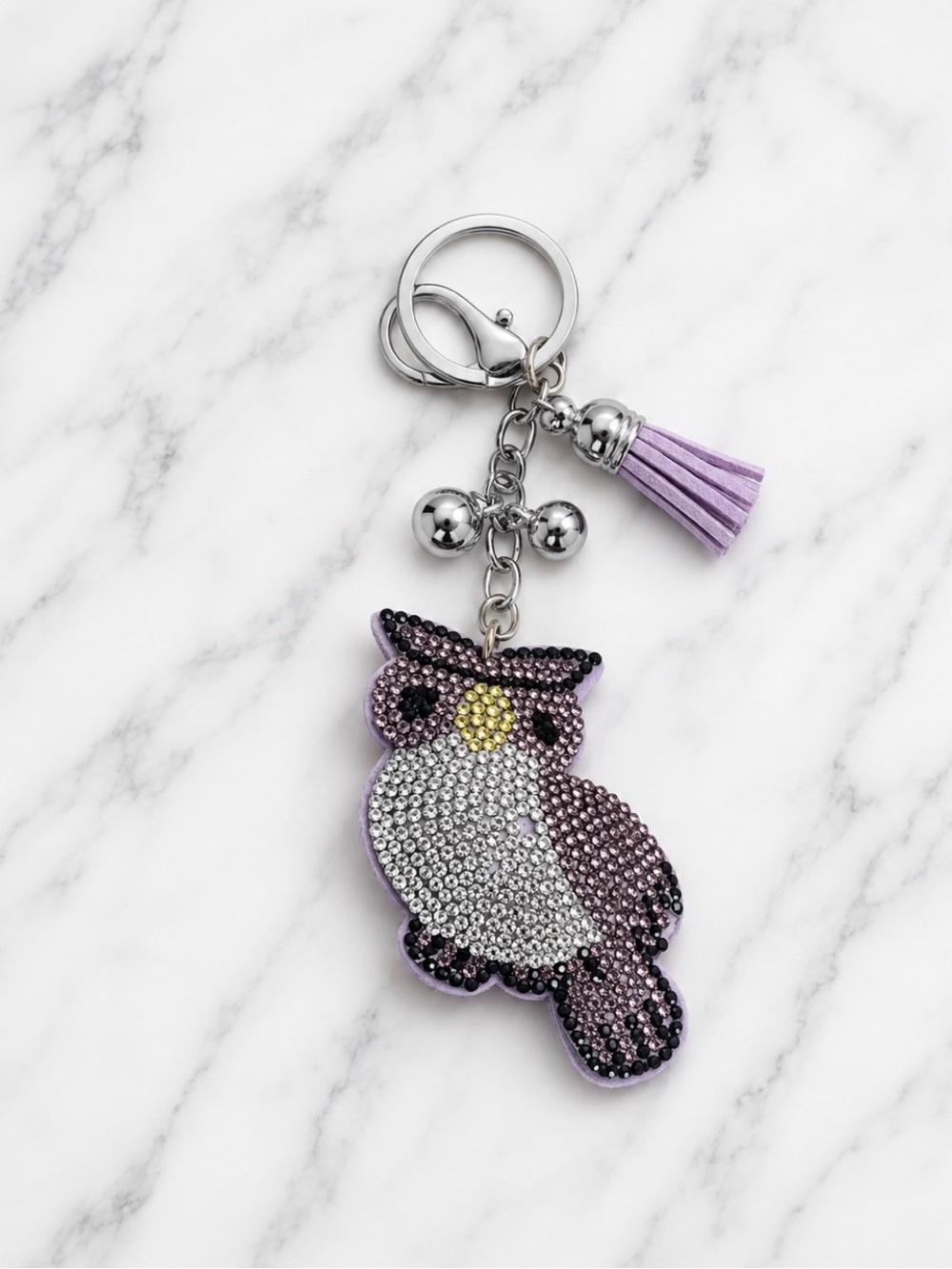 Purple and White Rhinestoned Owl Bag Charm/Keyring on Silver Hardware